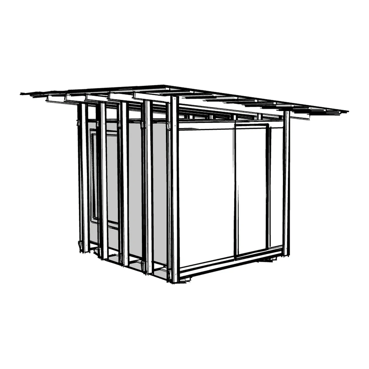 Line drawing of the hut: a timber-framed cabin with a single-slope roof on exposed rafters.