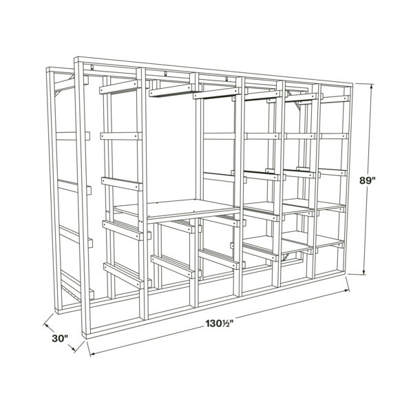 Line drawing of the tote rack, 130½ inches wide, 89 inches tall, 30 inches deep.